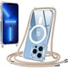 Jrkvniv Magnetica Trasparente Cover per iPhone 13 Pro Max con Cordino, Compatibile con Magsafe, Ultra Sottile Silicone TPU Antiurto Custodia con Collana Laccio rimovibile per iPhone 13 Pro Max, Cachi