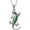Kiara Jewellery - Collana con ciondolo a forma di geco intarsiato con conchiglia di abalone blu verdastro naturale su catenina a serpente o traccia, lunghezza 46cm