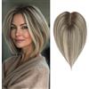 Lasunork - Ciuffo di capelli umani veri, 25,4 cm, colore marrone ombre con risalto biondo, base svizzera, soluzione per capelli diradati