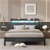 HAHRIR Struttura letto 140 x 200 cm con testata imbottita in legno con due ripiani, base di carico, luci LED, struttura letto in metallo resistente, non richiede soppalco, senza rumore, colore nero