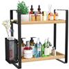 LEMIKKLE Organizer per il piano di lavoro del bagno, vassoio per profumo e organizer per cosmetici, organizer per la cura della pelle con cestino, organizer per bagno, cucina, comò, WOOD RACK-01