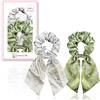 townssilk Seta Scrunchie - Set da 2 pezzi, con fiocco, 100% seta di gelso, voluminoso e delicato, certificato Oeko-Tex - Silver + verde prato