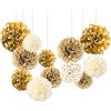 ROEOWENE 12PC Fiori di Carta per Decorazioni Pon Pon Carta Velina Pom Pom Decorativi da Appendere Ventaglio Palla Fiori Giganti per Allestimenti per Compleanno,Matrimonio,Battesimo,Festa-Oro Bianco