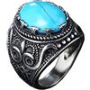 HIJONES Vintage Lusso Ovale Blu Turchese Pietre Anello da Uomo in Acciaio Inossidabile Gotico Intagliato Modello Argento Taglia 30