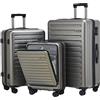 TydeCkare Set di Valigie da 3 pezzi 55/66/76 cm Trolley da Viaggio, 55 cm con Tasca Frontale, Bagaglio Rigido Leggero in ABS + PC, con Lucchetto TSA e 4 Ruote, Cerniera YKK, Grigio Scuro