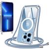 Jrkvniv Magnetica Trasparente Cover per iPhone 13 Pro Max con Cordino, Compatibile con Magsafe, Ultra Sottile Silicone TPU Antiurto Custodia con Collana Laccio rimovibile per iPhone 13 Pro Max, Blu