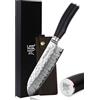 YOUSUNLONG Coltello Santoku - Coltello da cucina, 177 mm - Coltello da chef professionale - Damasco giapponese ad alto tenore di carbonio VG10 - Manico in ebano naturale con fodero in pelle