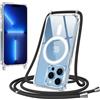 Jrkvniv Magnetica Trasparente Cover per iPhone 13 Pro Max con Cordino, Compatibile con Magsafe, Ultra Sottile Silicone TPU Antiurto Custodia con Collana Laccio rimovibile per iPhone 13 Pro Max, Nero