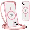 Yoedge Magnetica Cover per iPhone 15 con Cordino, Compatibile con Magsafe, Traslucida Opaca Ultra Sottile Silicone Antiurto Custodia con Collana Laccio Tracolla, Rosa
