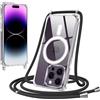 Jrkvniv Magnetica Trasparente Cover per iPhone 14 Pro Max con Cordino, Compatibile con Magsafe, Ultra Sottile Silicone TPU Antiurto Custodia con Collana Laccio rimovibile per iPhone 14 Pro Max, Nero