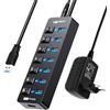 VEMONT Hub USB attivo 3.0 con alimentatore, VEMONT 7 porte USB - e 1 ricarica intelligente con 5 V/3 A, splitter con interruttore individuale e cavo lungo 1,2 m per PC/laptop
