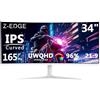 Z Z-Edge Z-Edge Monitor Gaming Curvo 34 Pollici PC Bianco, 3440x1440, Pannello IPS, 165Hz (DP), 1ms, Schermo 21:9 Ultrawide, Regolabile in Altezza/Verticale/Orizzontale/Rotabile, 100Hz (HDMI), FreeSync, VESA