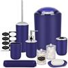 IMAVO Set di accessori da bagno - Set di 8 accessori da bagno blu con cestino, dispenser di sapone, portasapone, portaspazzolino, bicchiere per spazzolino, porta scopino per WC, dispenser Qtip con