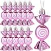 Threan 12 Ornamenti Natalizi di Caramelle e Bastoncini Zucchero Glitterati da Appendere per Albero Natale con Corde Dorate per Decori(Rosa,Plastica)