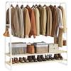 VASAGLE Stand Appendiabiti, Appendiabiti da Terra con 2 Ripiani, 6 Ganci Laterali a S, Struttura in Acciaio, 45 x 138 x 160 cm, Camera da Letto Corridoio, Beige Naturale e Bianco Opaco RGR119W09