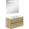 Baikal Mobile da bagno a due cassetti, sospeso a parete con lavandino. Melamina 16. Mobile montato. Mobile da 100 cm Nature con specchio con luce LED