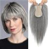Flufymooz Topper in 100% veri capelli umani, 30,5 cm, per diradare i capelli, ampia area intrecciata a mano, copertura a 360°, capelli naturali da donna, base in seta 12,7 x 7,6 cm (grigio argento con