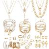 JeryWe Set di 46 Pezzi Gioielli Oro Per Donne Ragazze Con 3 Pz Collana 12 Pz Bracciali 9 Pz Anelli Per le Nocche 10 Pz Ear Cuffs 12pcs Orecchini Placcati in Oro Bigiotteria