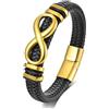 NEHZUS Bracciale in acciaio inox con simbolo dell'infinito per uomo, cinturino in pelle, regalo di compleanno per papà, 21 cm, Acciaio inossidabile, Senza Gemstone