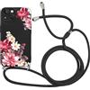 Yirlbey Cover per iPhone 15 6,1'' con Cordino, Aesthetic Fiori Motivo Disegno Nero Silicone Case Corda con Regolabile Laccio Antiurto Antigraffio Bumper Protezione della Fotocamera Custodia