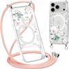 Yoedge Magnetica Cover con Cordino per iPhone 17 Pro 6,3 Compatibile con MagSafe, Custodia con Corda Collana Tracolla Laccio, Trasparente TPU Silicone Antiurto Case con Aesthetic Disegni Fiori,03