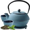 Tealøv Teiera in Ghisa - Set Completo con Infusore, 2 Tazze e Sottoteiera - Interno Smaltato - Design Elegante Giapponese (ARARE 1,1 Litro, Blu)