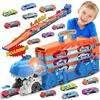 TERRAMUS Camion Trasporto Dinosauro - Set di Giocattoli Auto 3 in 1 con Eiezione, Pista Pieghevole Portatile per Bambini con 8 Auto da Corsa, Set di Giocattoli Auto Portatili per Bambini Ragazzi 3-5