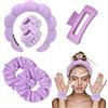 POPSKEETER Fasce Spa per le donne, 1 fascia per il trucco e 2 fasce per il lavaggio del polso, 2 elastici per capelli e 1 set di clip per lavaggio del viso, cura della pelle, doccia, rimozione del trucco (viola)