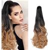 Dcbaboo Coda di Cavallo Extension Ricci Coda Capelli Extension con Pinza 45cm Posticci per Capelli Mossi Coda Finta Sintetici Lunghi Naturali Ponytail, Nero naturale Ombré Biondo scuro