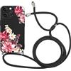 Yirlbey Cover per iPhone 15 Pro 6,1'' con Cordino, Aesthetic Fiori Motivo Disegno Nero Silicone Case Corda con Regolabile Laccio Antiurto Antigraffio Bumper Protezione della Fotocamera Custodia