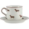 London Pottery Tazza e piattino per bere, motivo animali della fattoria, bianco con illustrazione di animali (cane salsiccia, 220 ml)