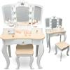 mamabrum Tavolo da Toeletta per Bambini XXL in Legno con Sgabello & Specchio LED - Coiffeuse con Cassetto e Accessori - Scrivania 2-in-1 per Bambine dai 3 Anni