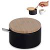 KOOK TIME Zuccheriera e Formaggiera da Tavola con Cucchiaino, Bambù, Nero Opaco | Ceramica con chiusura in legno e posate in acciaio inox, per zucchero, formaggio o spezie, 12.5 cm