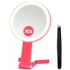 B Beauty Planet specchio d'ingrandimento con luce, specchio d'ingrandimento 30X/1X a doppia faccia, specchio da trucco da viaggio con 3 luci colorate, specchio da trucco pieghevole con tweeezer