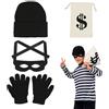 Capaneus Costume Ladro Bambino, 4 Pezzi Costume Carcerato Bambino con Borsa per Soldi in Dollari, Maschera da Bandito, Cappello a Maglia, Guanti, Costume da Bandito Accessori per Halloween Carnevale Cosplay