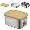 Jauhmui Bento Contenitore per il pranzo per adulti/bambini, in acciaio inox, con 2 scomparti, contenitore in metallo con coperchio in legno, senza BPA, per la colazione, per scuola/gite (doppio piano) (3