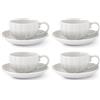 H&H-Set 4 Tazze Te' con piattino, linea Lotus, 220 cc, in stoneware, colore bianco, lavabili in lavastoviglie