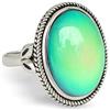 Fun Jewels, Anello in ottone placcato in argento anticato con pietra ovale che cambia colore, misura regolabile, in ottone