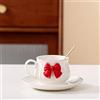MAGICVOGEL Graziosa tazza da cappuccino con piattino e cucchiaio, tazza da caffè con fiocco 3D, 200 ml, tazza da tè in porcellana, per ragazza, moglie, mamma, fidanzata, colore rosso