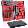 AURIVEE Tagliaunghie Set Professionale 18 pezzi - Kit Manicure Acciaio Inox con Astuccio Pelle per Viaggio e Casa, Nero-Rosso