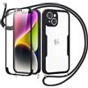 Jrkvniv Cover per iPhone 14 con Cordino,360 Gradi Trasparente Custodiacon con Protezione Schermo Integrata,Bumper Rugged Custodia con Regolabile Tracolla Corda Collana per 6.1-Nero