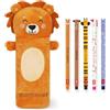 Legami Astuccio super morbido penne gel cancellabili | Set di 5 graziose penne a forma di animale con inchiostro termosensibile + astuccio in peluche (Leone)