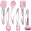 HaWare Set di utensili da cucina rosa, 6 utensili da cucina in silicone con manico in acciaio inossidabile, resistenti al calore, per pentole antiaderenti, mestolo, cucchiaio, pasta, lavabili in