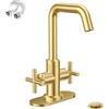 Phiestina Rubinetto da bagno a 2 maniglie in oro spazzolato da 10,2 cm, foro singolo, con scarico, piastra di copertura e tubi di alimentazione, adatto per 1 o 3 fori, SGF002-10-BG