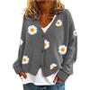 Generisch Cardigan da donna con margherita, motivo floreale, scollo a V, largo, oversize, cardigan, a maniche lunghe, retrò, morbido, tinta unita, grigio, con bottoni per tutti i giorni, primavera