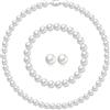 AOWVUTS Collana di Perle Set per Le Donne Bianco Rotondo Argento Collana di Perle Orecchini Bracciale Choker Set Perle Coltivata D'acqua Dolce Parure Gioielli Sposa con Confezione Regalo (7MM)