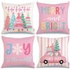 GEEORY Set di 4 federe per cuscini natalizie rosa, 45,7 x 45,7 cm, motivo: alberi di Natale, camion allegro e luminoso, a righe, per la decorazione della casa, G581-18
