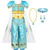 AUYAO Ragazza Costume Vestito Jasmine Principessa, Jasmine Abiti Ragazze Cosplay, Jasmine Costume Ragazze Bambini Principessa, Vestito Principessa Jasmine per Cosplay Compleanno Halloween Carnevale