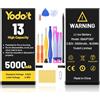 Yodoit Batteria da 5000 mAh per iPhone 13, batteria ad alta capacità 0 cicli per modelli A2482, A2631, A2634, A2635, A2633 con kit di riparazione