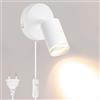 SKIKHN Lampada da parete con interruttore e spina bianca GU10, girevole a 350°+90°, faretto da parete per interni, in lega di alluminio con interruttore, lampada da parete bianca per camera da letto